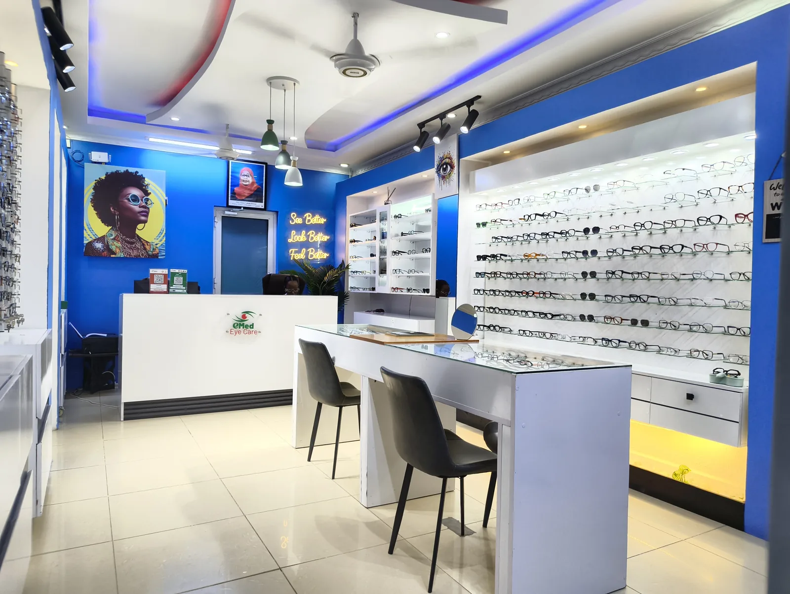 eMed Eyecare reception and frame displays at Mwenge