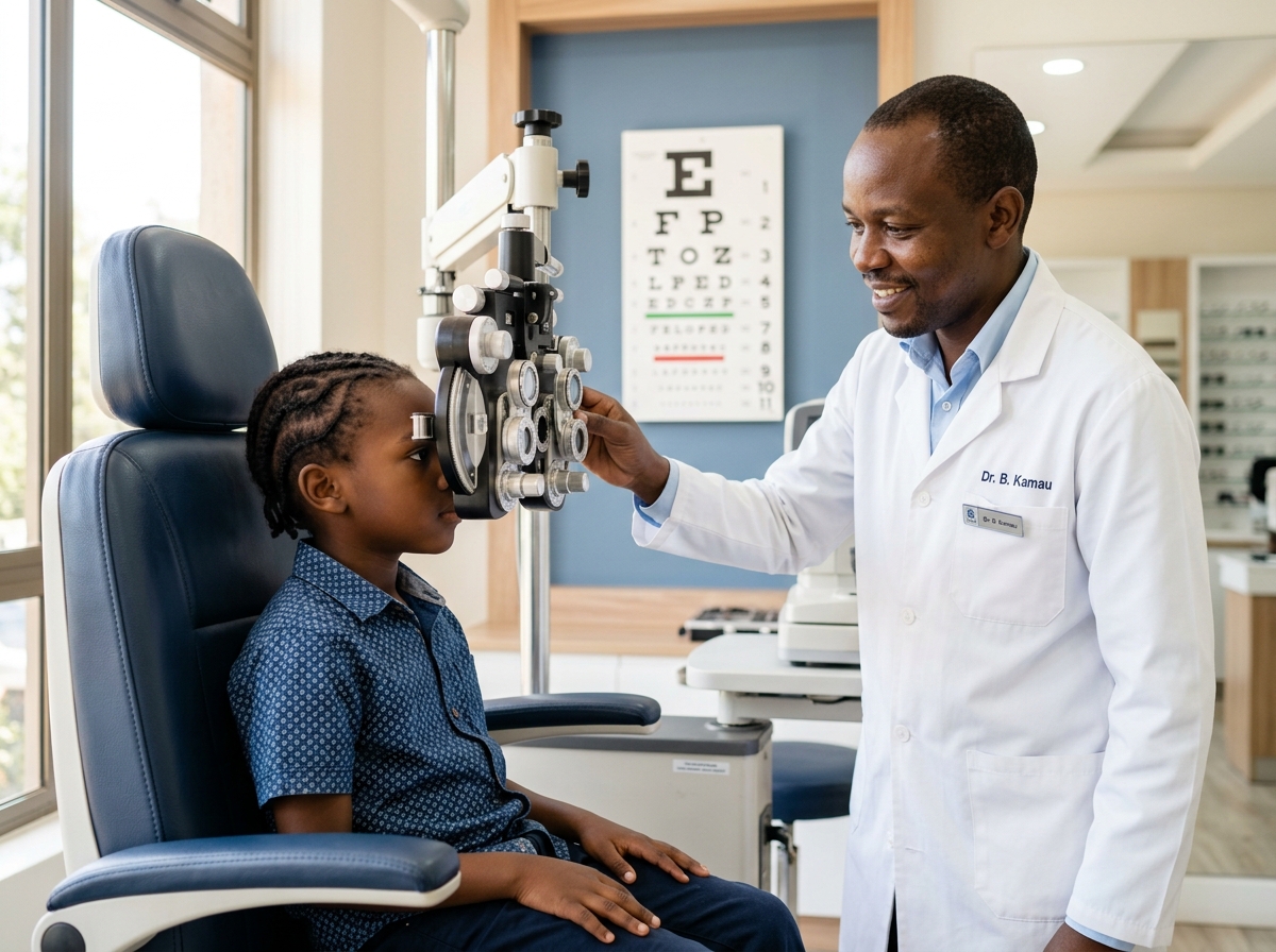 African boy having an eye examination with optometrist