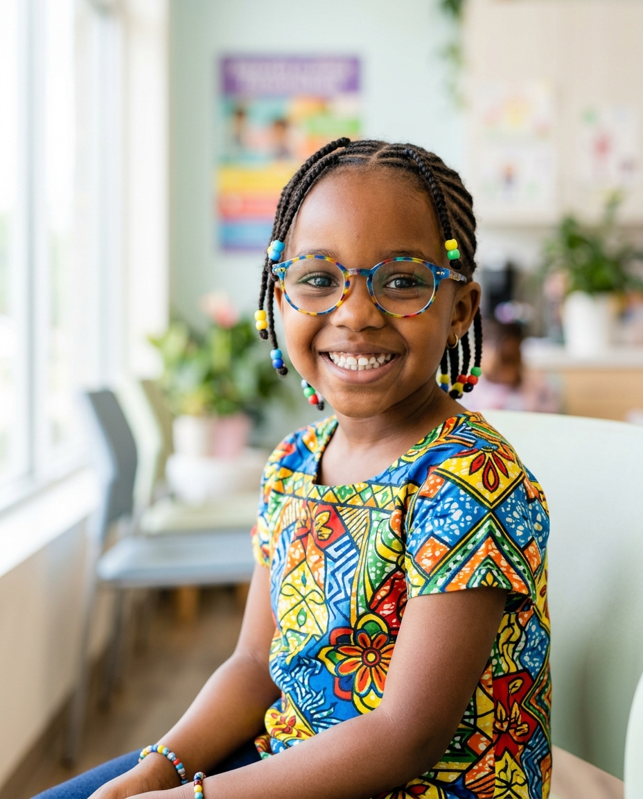 Smiling young African girl wearing colorful eyeglasses